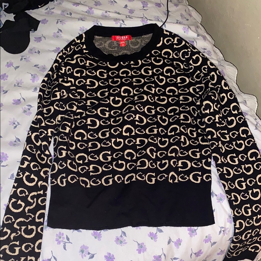 Guess Black and Tan Crew Neck Sweater with Bold Pattern